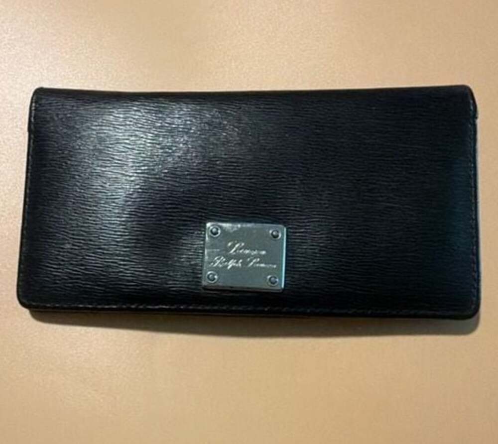 Lauren Ralph Lauren Black Leather Long Wallet with Silver Logo Plaque